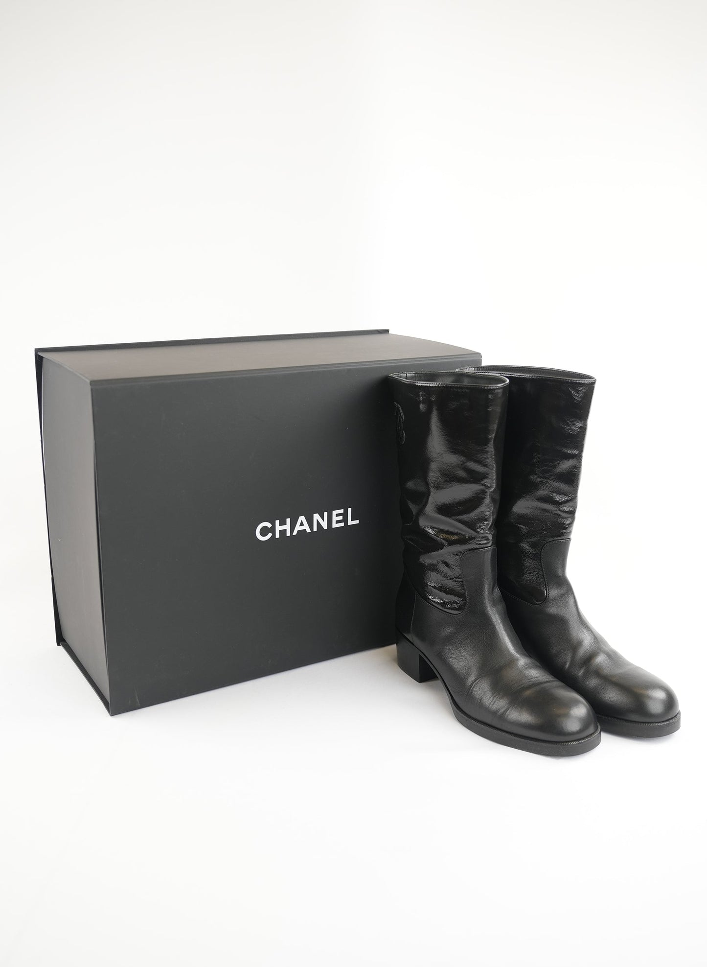 Chanel Calfskin Leather CC Ascot Mid Calf Black Boots