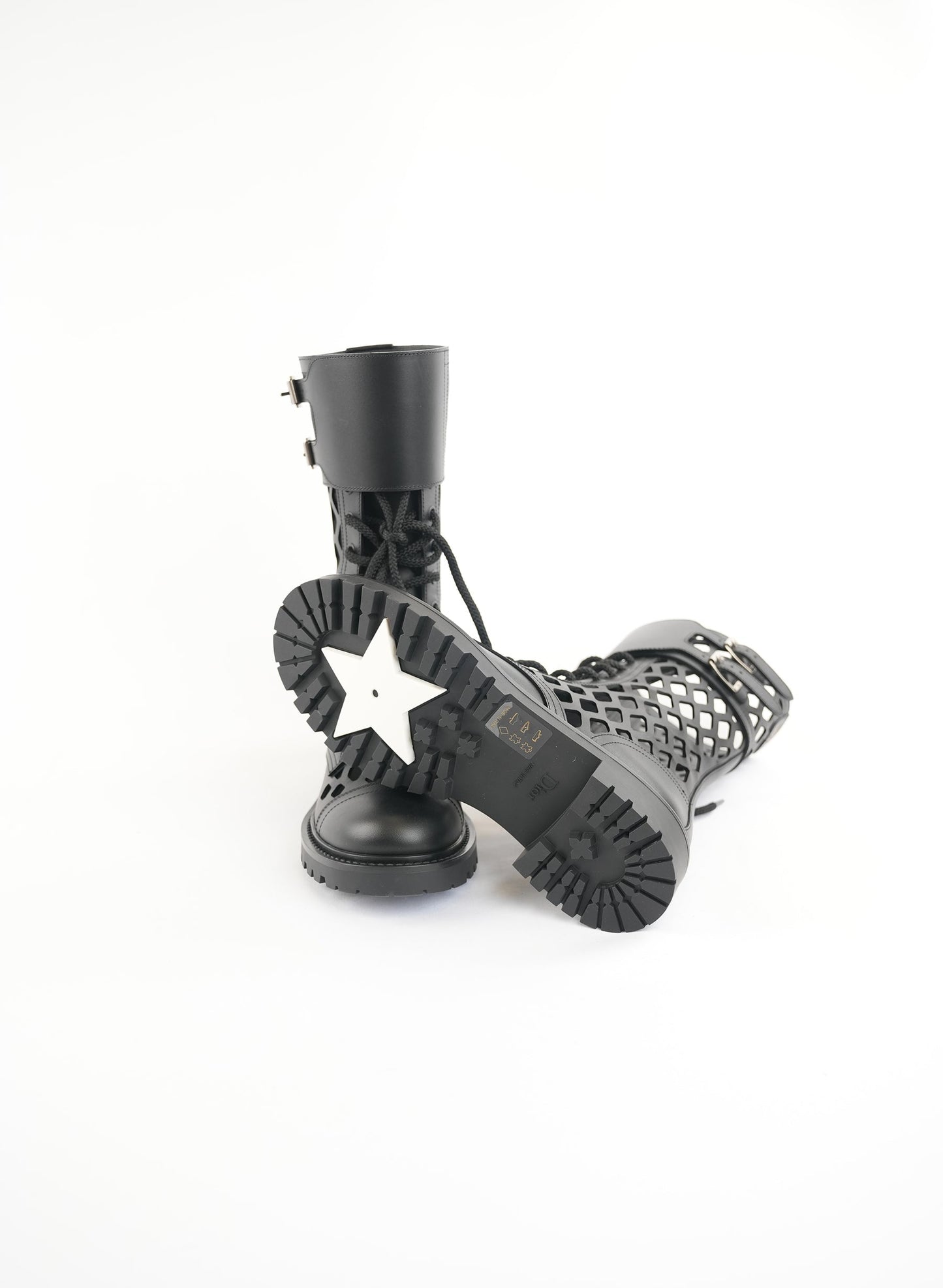 Dior Black Leather Laser Cut Accents Combat Boots