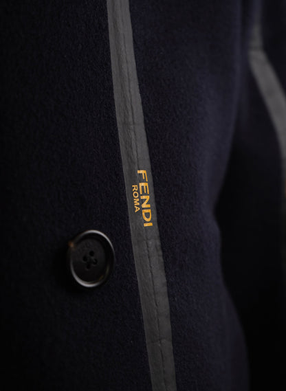 Fendi Logo Leather Trimmed Double Breasted Coat