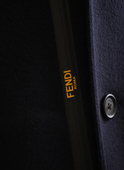 Fendi Logo Leather Trimmed Double Breasted Coat