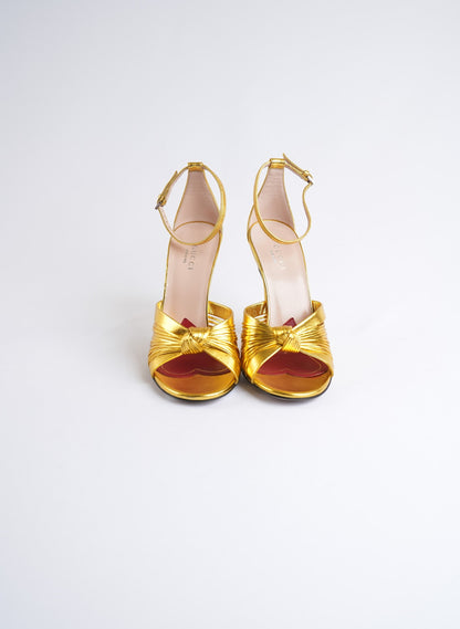 Gucci Metallic Nappa Crawford Knot Ankle Strap Heels