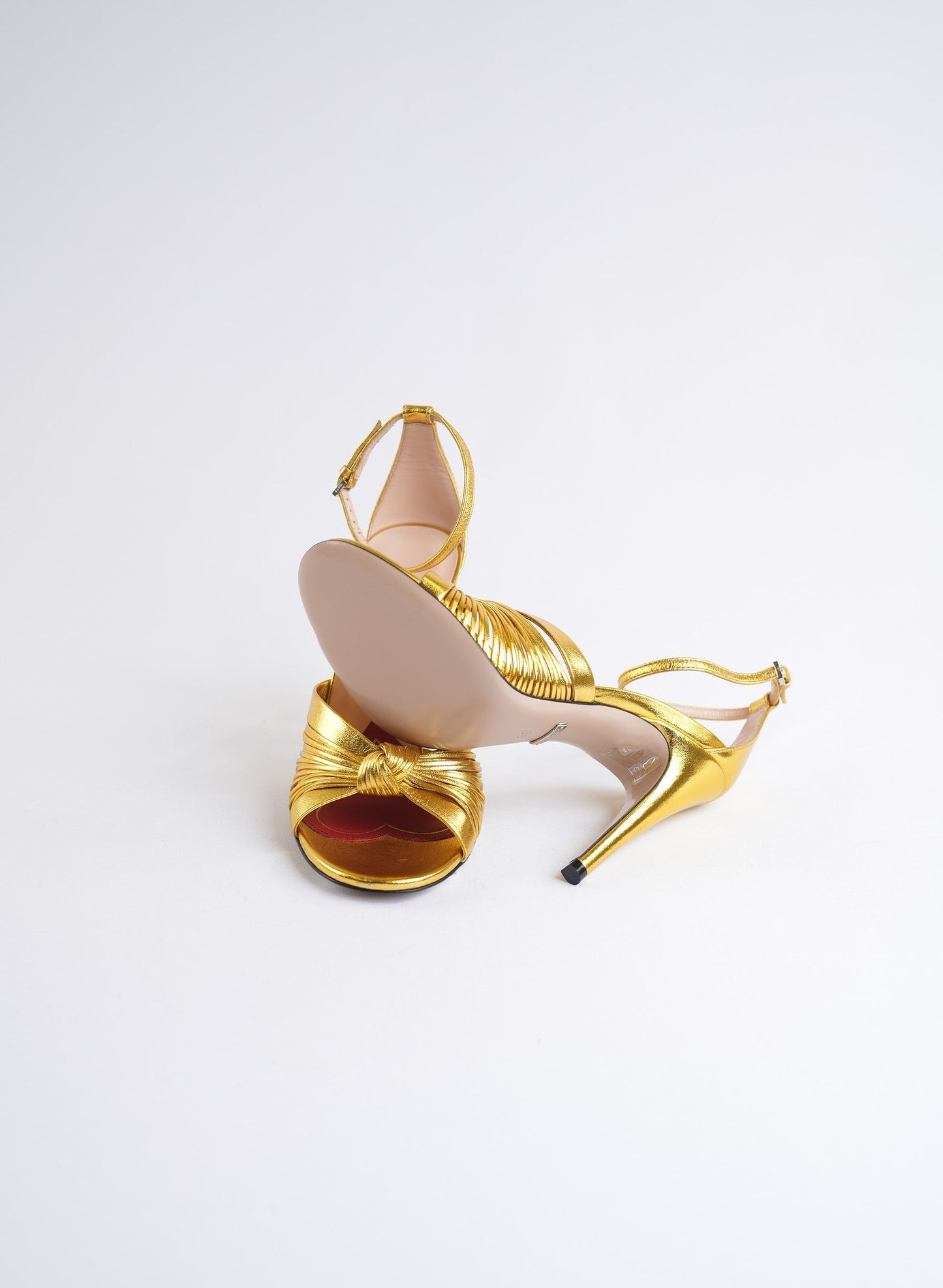 Gucci Metallic Nappa Crawford Knot Ankle Strap Heels
