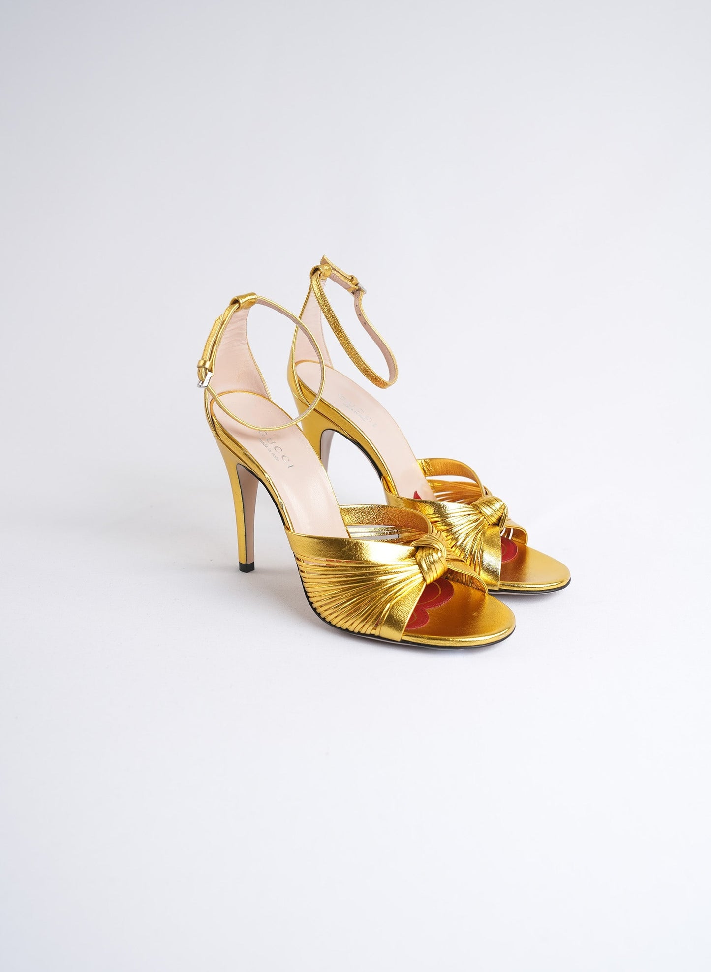 Gucci Metallic Nappa Crawford Knot Ankle Strap Heels