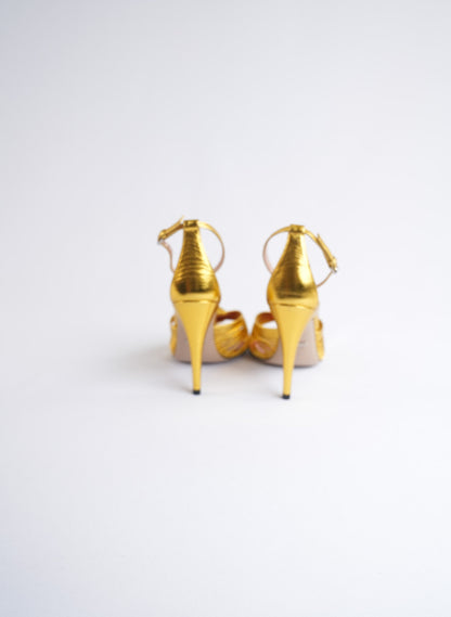 Gucci Metallic Nappa Crawford Knot Ankle Strap Heels
