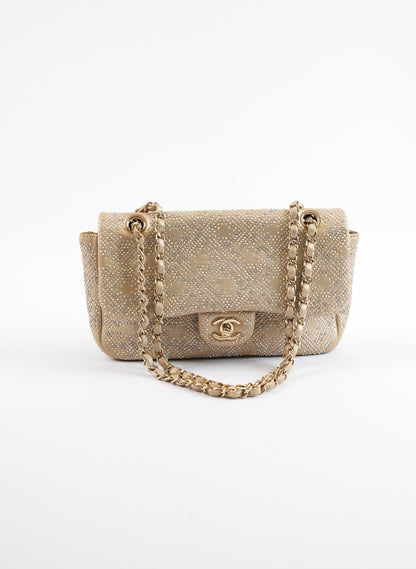 Chanel Beige Iridescent Leather Beaded Classic Single Flap Bag
