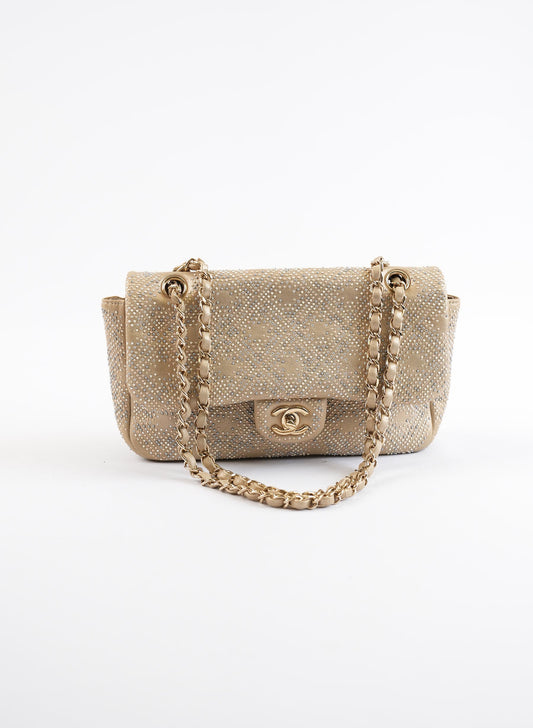 Chanel Beige Iridescent Leather Beaded Classic Single Flap Bag