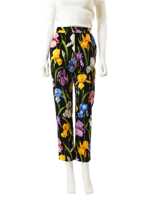 Dolce and Gabbana Iris-Print Straight-Leg Velvet Ankle Pants