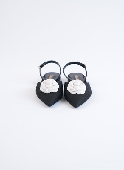 Chanel Quilted Canvas CC Camelia Slingback Flats