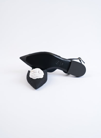 Chanel Quilted Canvas CC Camelia Slingback Flats