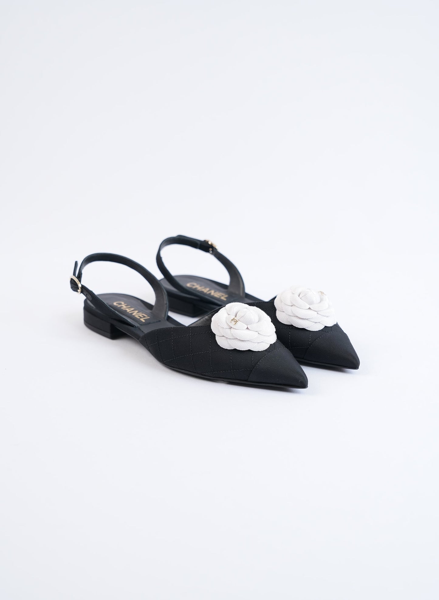 Chanel Quilted Canvas CC Camelia Slingback Flats