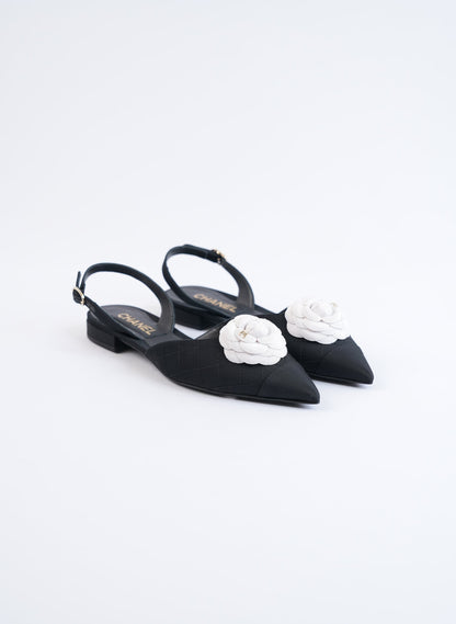 Chanel Quilted Canvas CC Camelia Slingback Flats