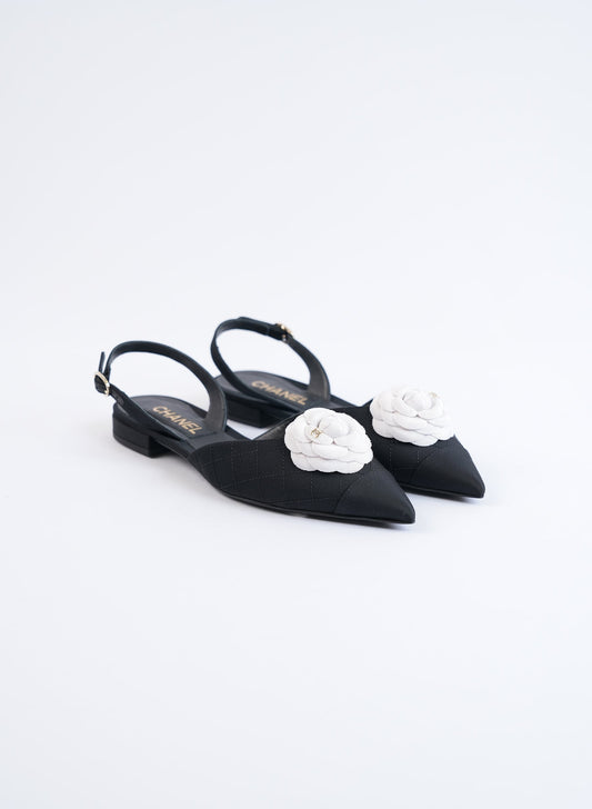 Chanel Quilted Canvas CC Camelia Slingback Flats
