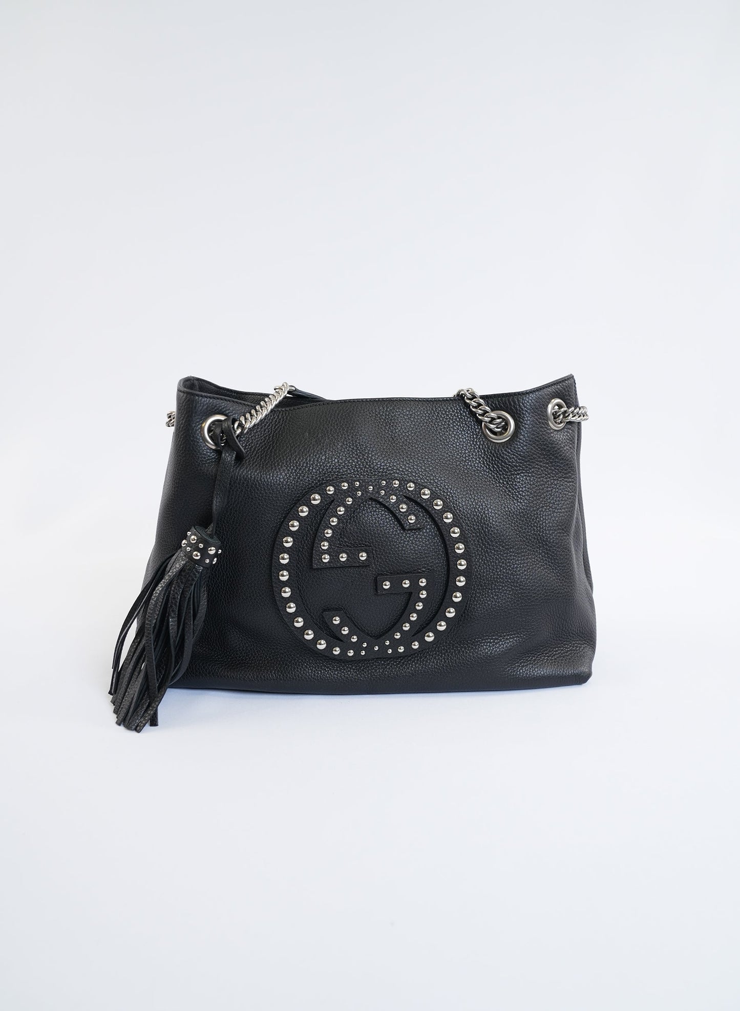 Gucci Black Pebbled Leather Studded Soho Shoulder Bag