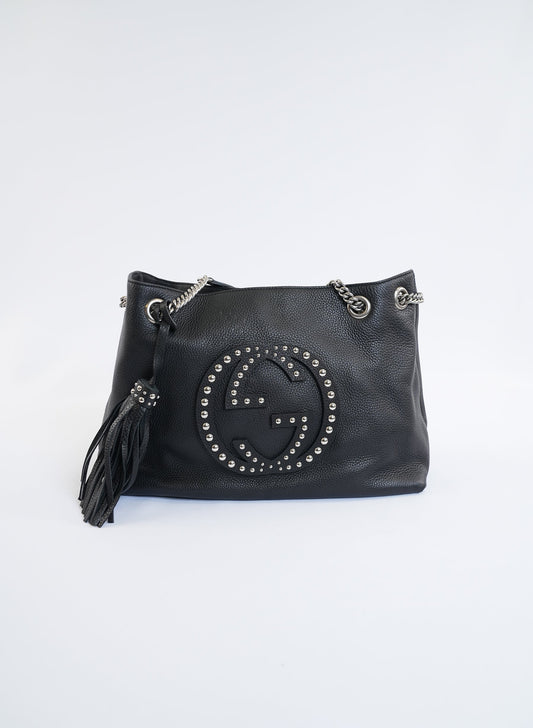 Gucci Black Pebbled Leather Studded Soho Shoulder Bag