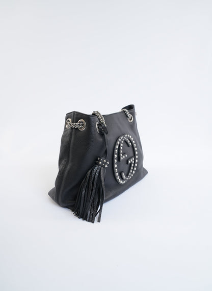 Gucci Black Pebbled Leather Studded Soho Shoulder Bag