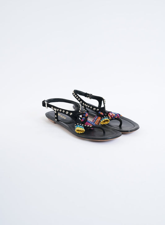 Prada Black Studded Suede Tassel Thong Sandal