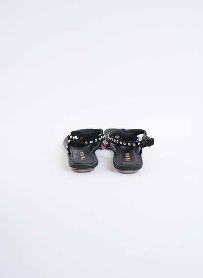 Prada Black Studded Suede Tassel Thong Sandal