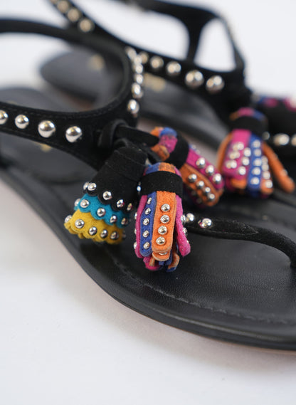 Prada Black Studded Suede Tassel Thong Sandal