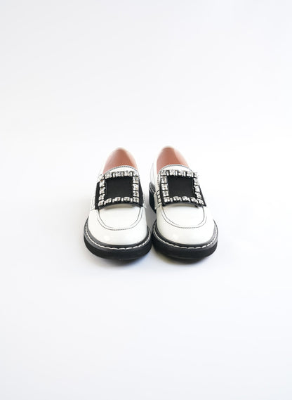 Roger Viver White Patent Crystal Buckle Loafers