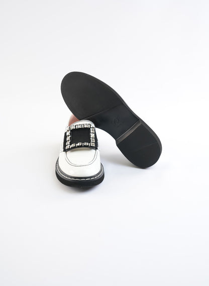 Roger Viver White Patent Crystal Buckle Loafers