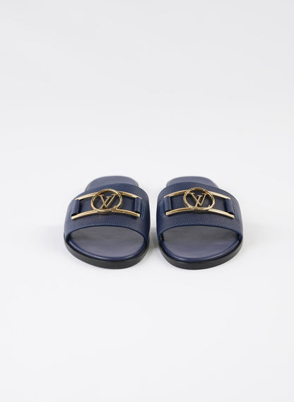 Louis Vuitton Navy Blue Leather Lock It Flat Slides