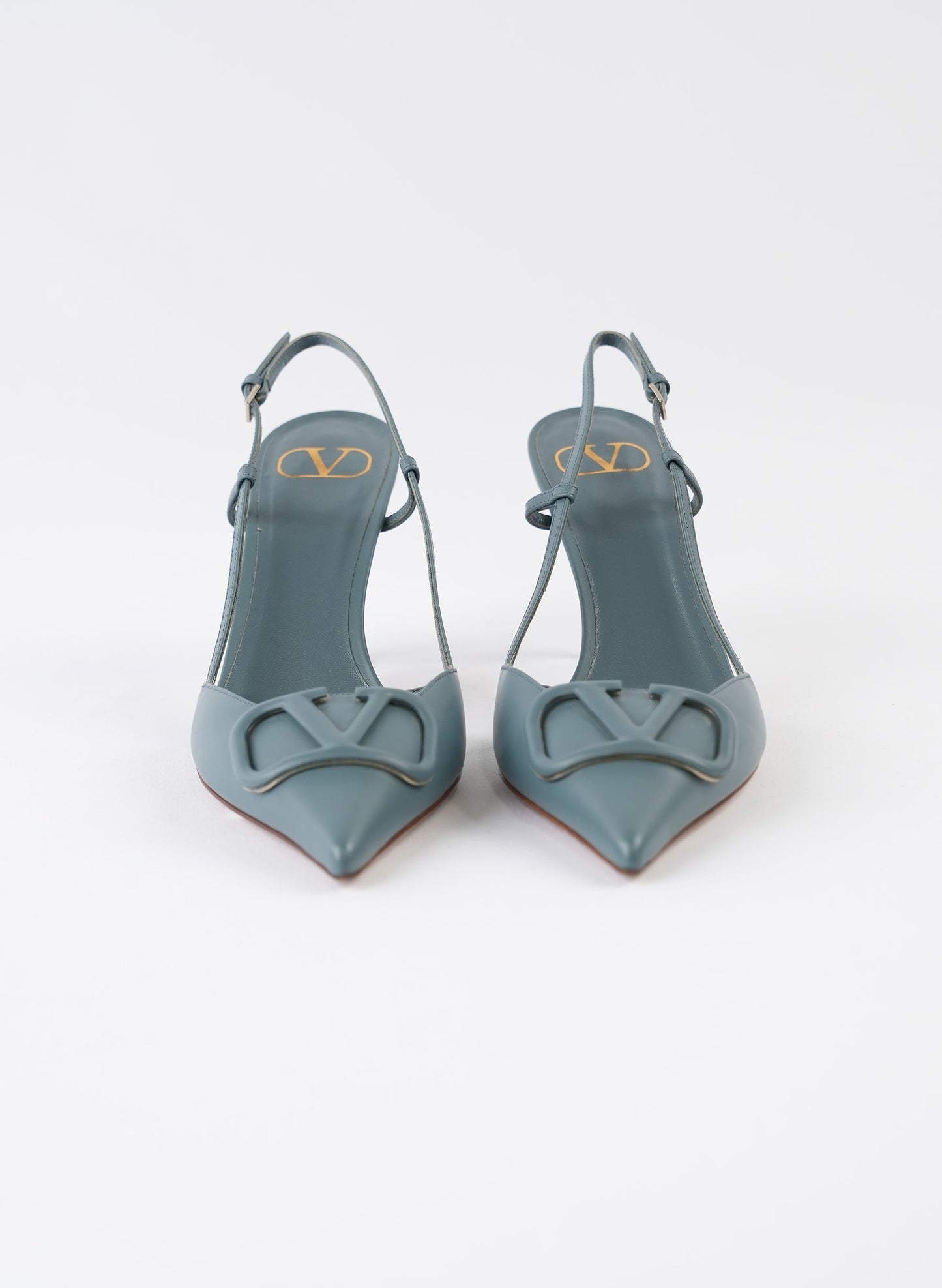 Valentino Navy Blue Leather Escape V Logo Slingback Pumps