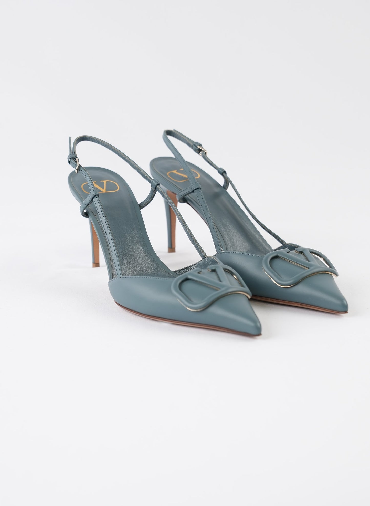 Valentino Navy Blue Leather Escape V Logo Slingback Pumps