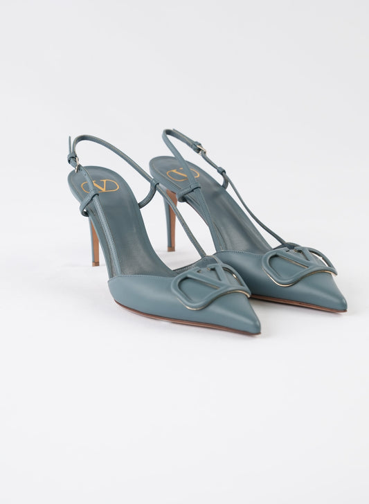 Valentino Navy Blue Leather Escape V Logo Slingback Pumps