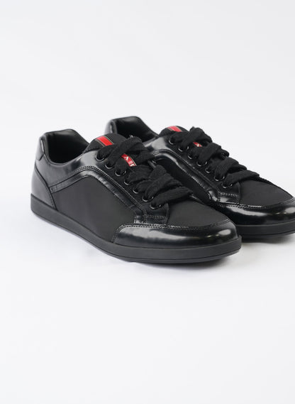 Prada Line Rossa Low Top Black Leather Sneakers