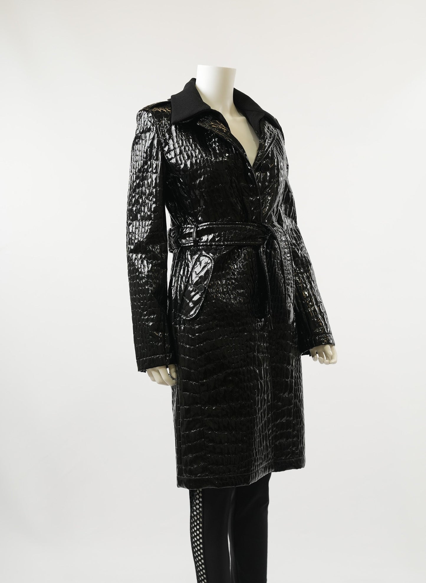Akris Crocodile Black Patent Faux Leather Trench Coat