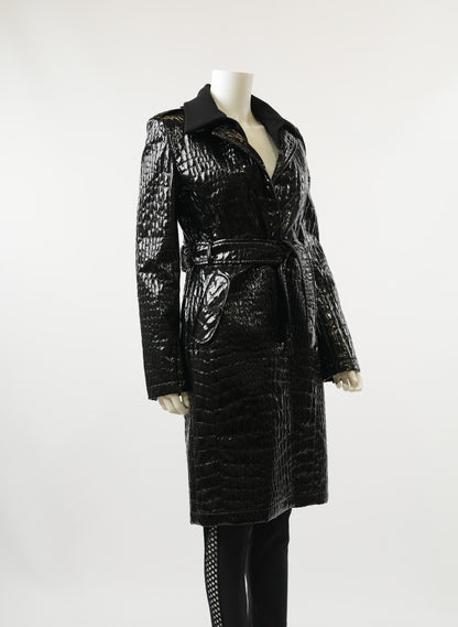 Akris Crocodile Black Patent Faux Leather Trench Coat