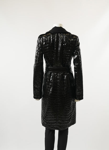Akris Crocodile Black Patent Faux Leather Trench Coat