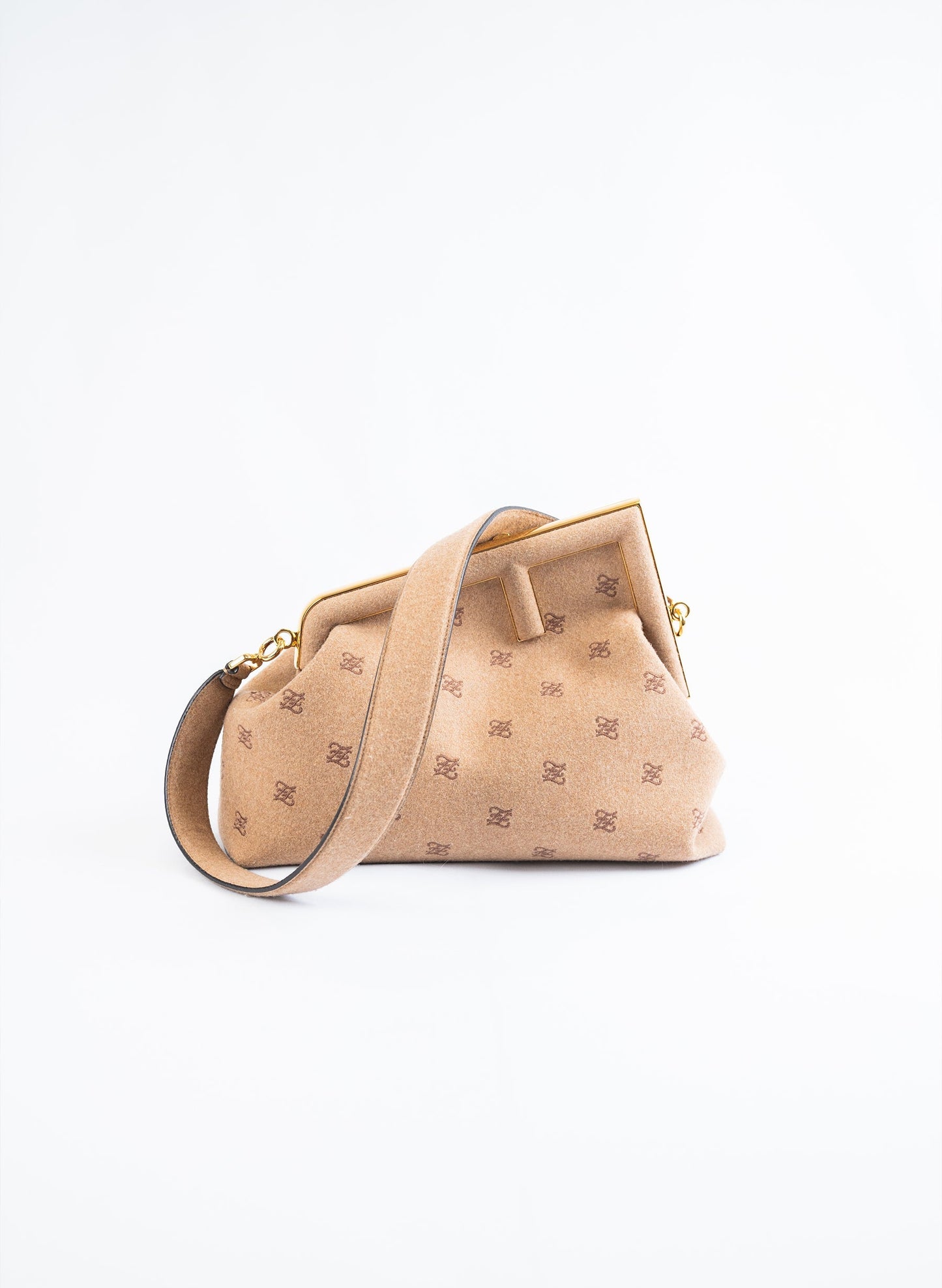 Fendi First Camel Flannel Karligraphy Embroidered Shoulder Bag
