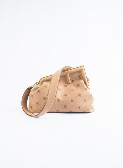 Fendi First Camel Flannel Karligraphy Embroidered Shoulder Bag