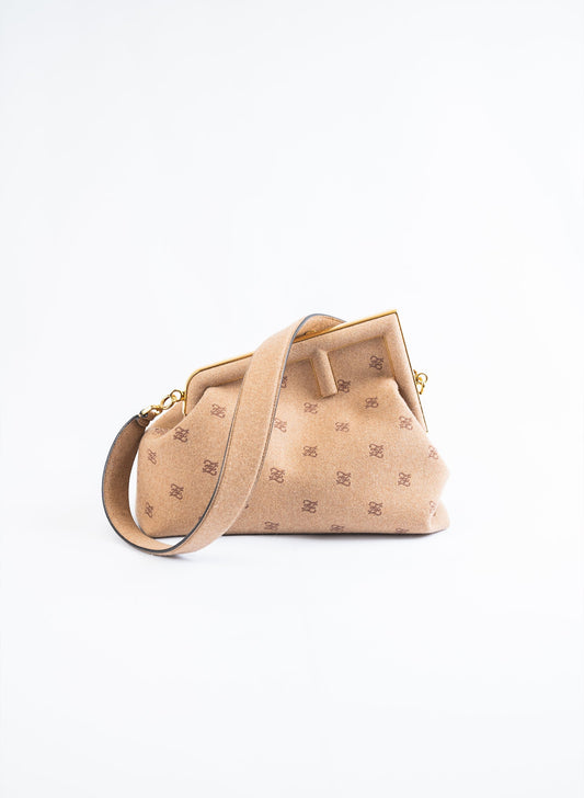 Fendi First Camel Flannel Karligraphy Embroidered Shoulder Bag