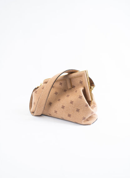 Fendi First Camel Flannel Karligraphy Embroidered Shoulder Bag