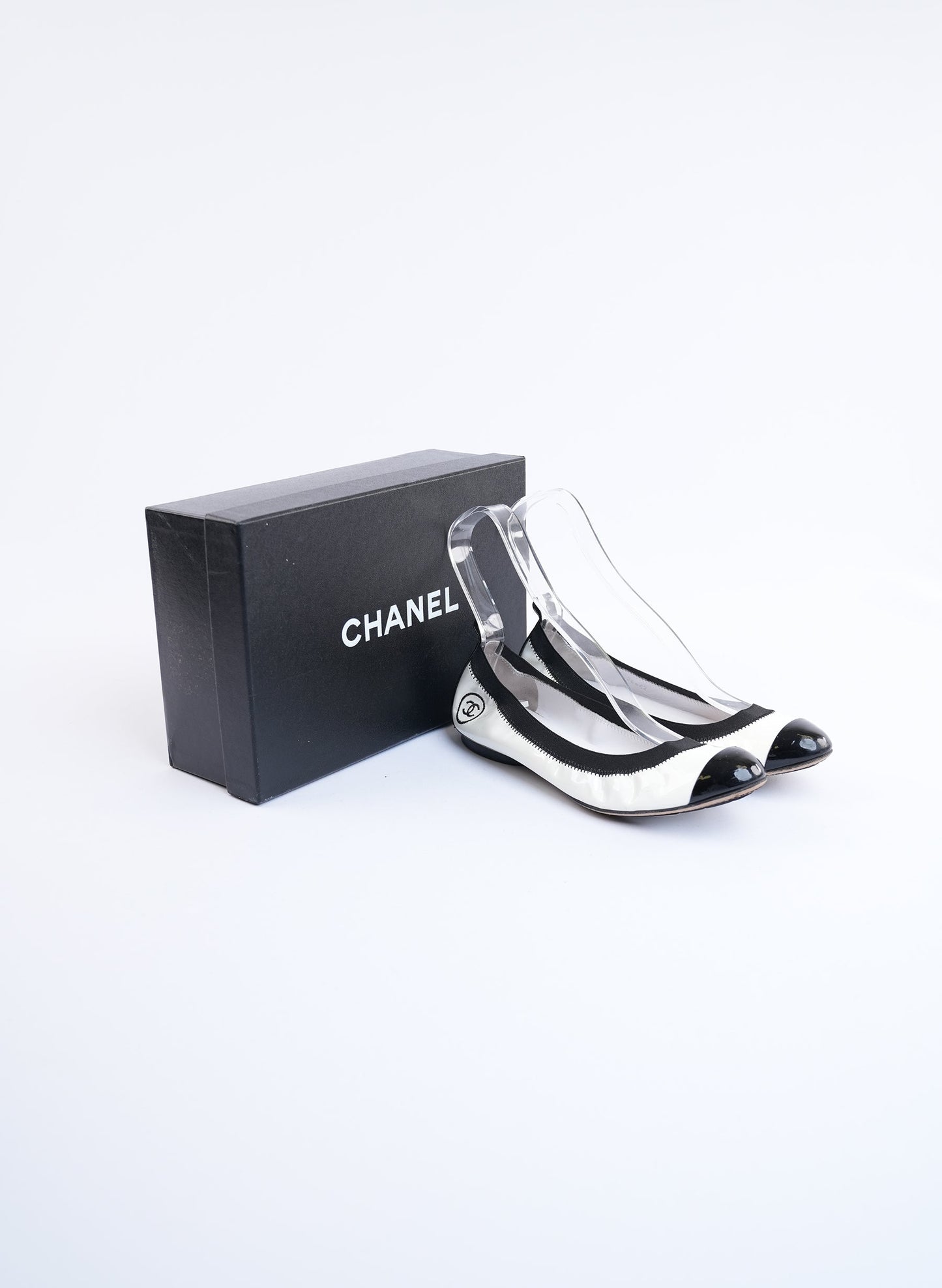 Chanel Black & White Patent Leather Ballet Flats
