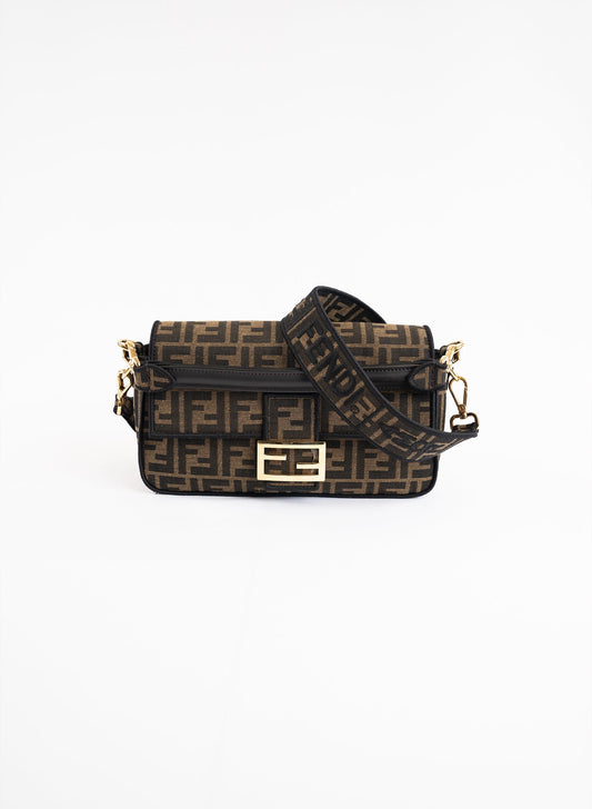 Fendi Baguette Brown FF Jacquard Fabric Bag