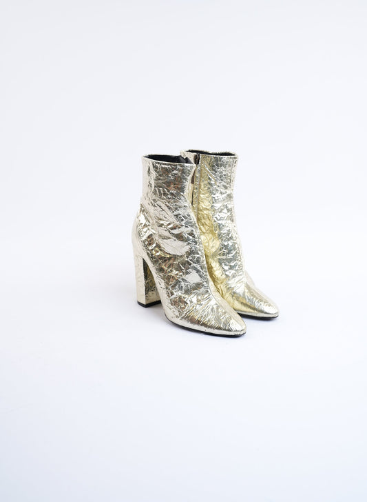 Saint Laurent Lou Crinkle Metallic Ankle Boots