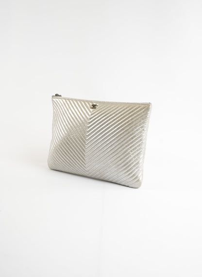 Chanel Metallic Caviar Chevron Quilted Cosmetic Case