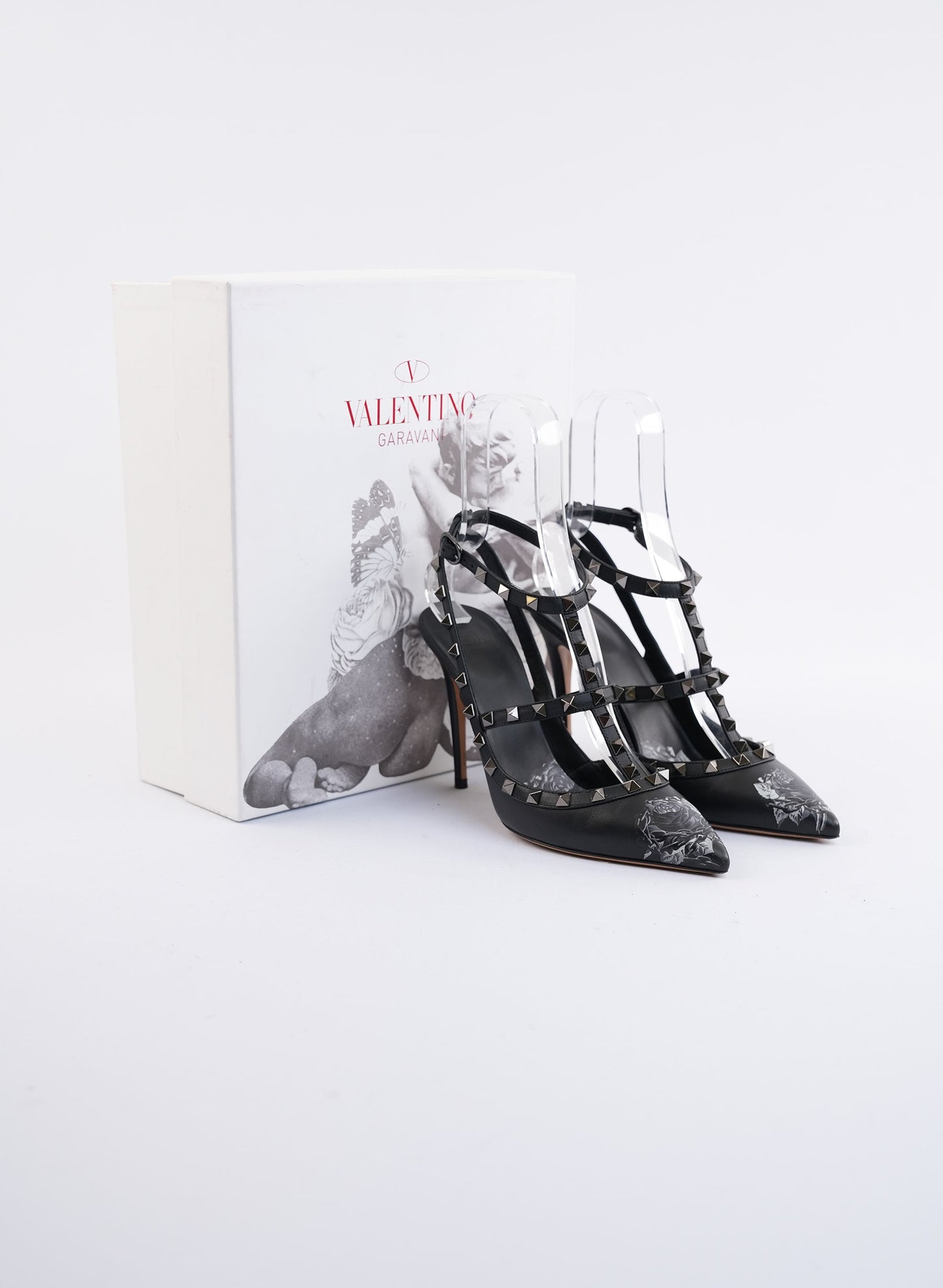 Valentino Rockstud Rose Print T Strap Heels