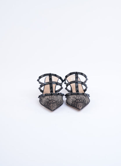 Valentino Rockstud Lace Caged Mules
