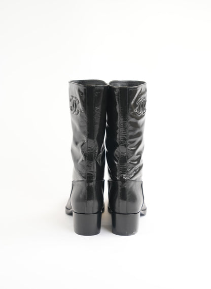 Chanel Calfskin Leather CC Ascot Mid Calf Black Boots