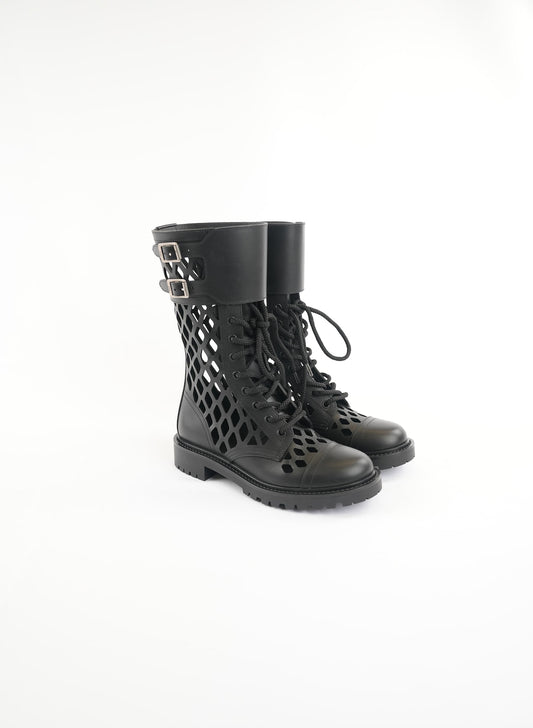Dior Black Leather Laser Cut Accents Combat Boots