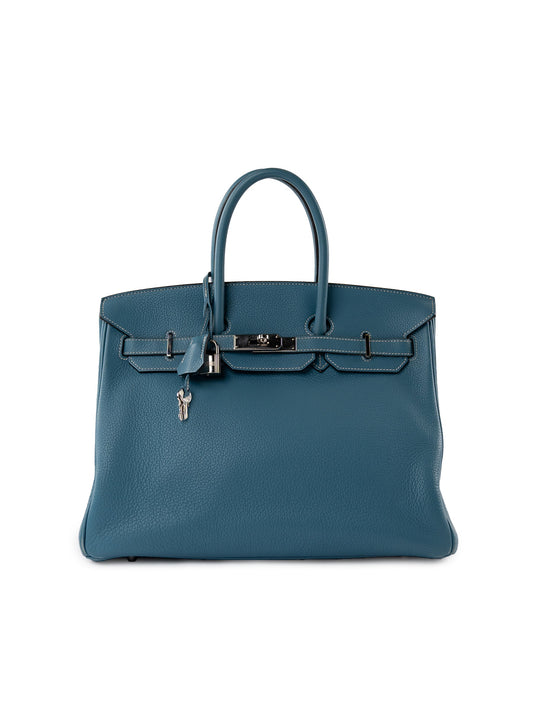 Hermes Taurillon Clemence Birkin 35 Blue Jean Palladium