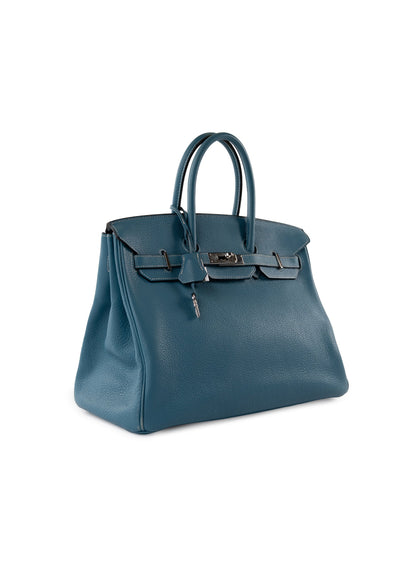 Hermes Taurillon Clemence Birkin 35 Blue Jean Palladium