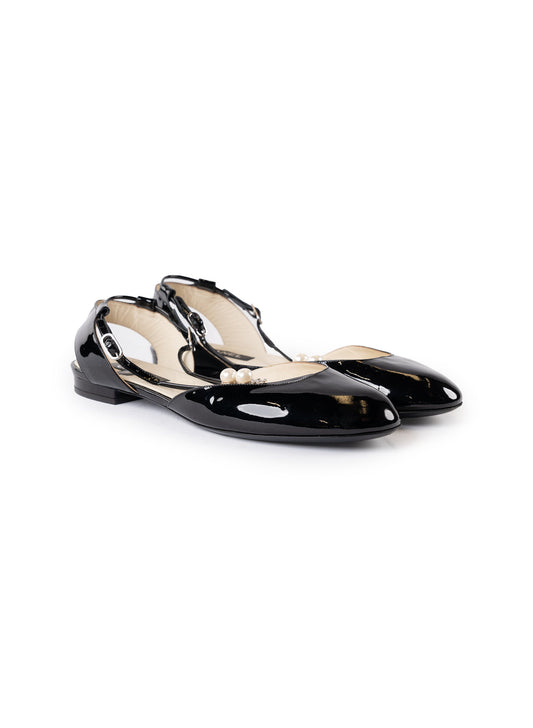Chanel Faux Pearl CC Patent Leather Slingback Flats