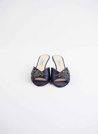 Prada Navy Blue Satin Embellished Heels