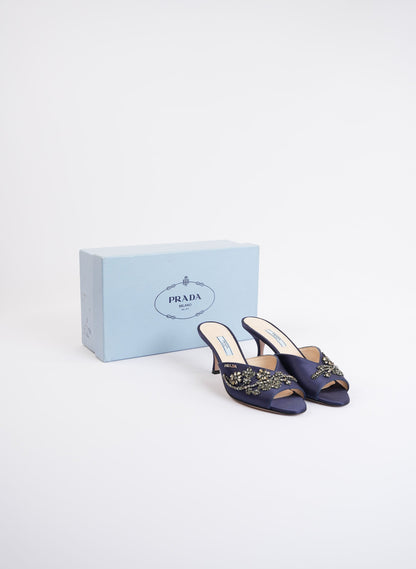Prada Navy Blue Satin Embellished Heels