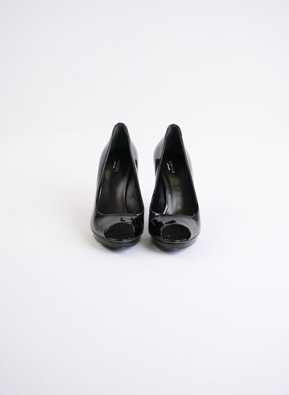 Gucci Black Patent Leather Peep Toe High Heels